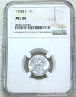 1943-S Lincoln Steel Cent NGC MS66 Bright Frosty Luster, PPQ New Holder #W268K