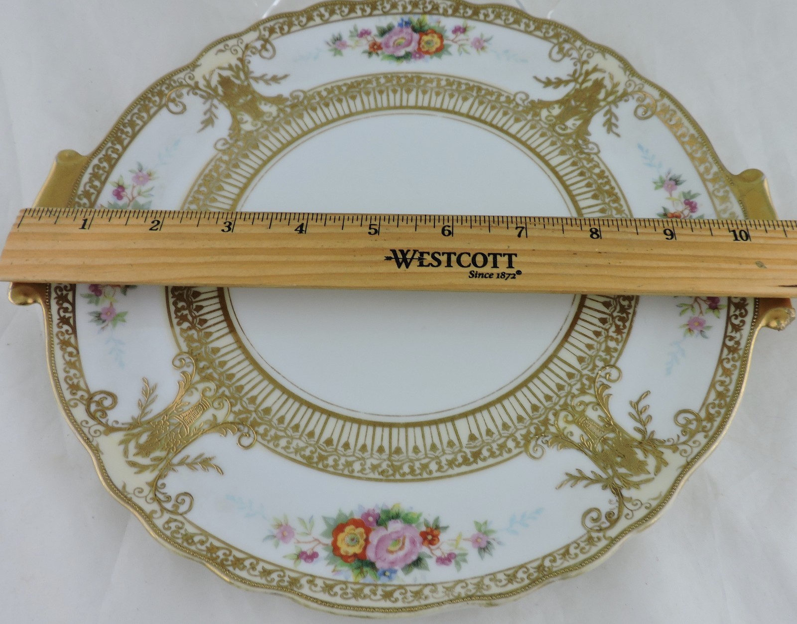 ANTIQUE HANDLED CAKE OR DECORATIVE PLATE RAISED GOLD SCROLL FLOWER BOUQUET