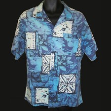Vtg Ocean Pacific Sz L Made in USA Blue Batik Print Cotton Camp Hawaiian Shirt