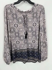 Daniel Rainn DR2 Top Womens Large Purple Boho Print Long Sleeve Tie Neck Peasant