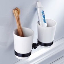 Oil Rubbed Bronze Bathroom Dual Ceramic Cups Wall Mount Toothbrush Holder Set