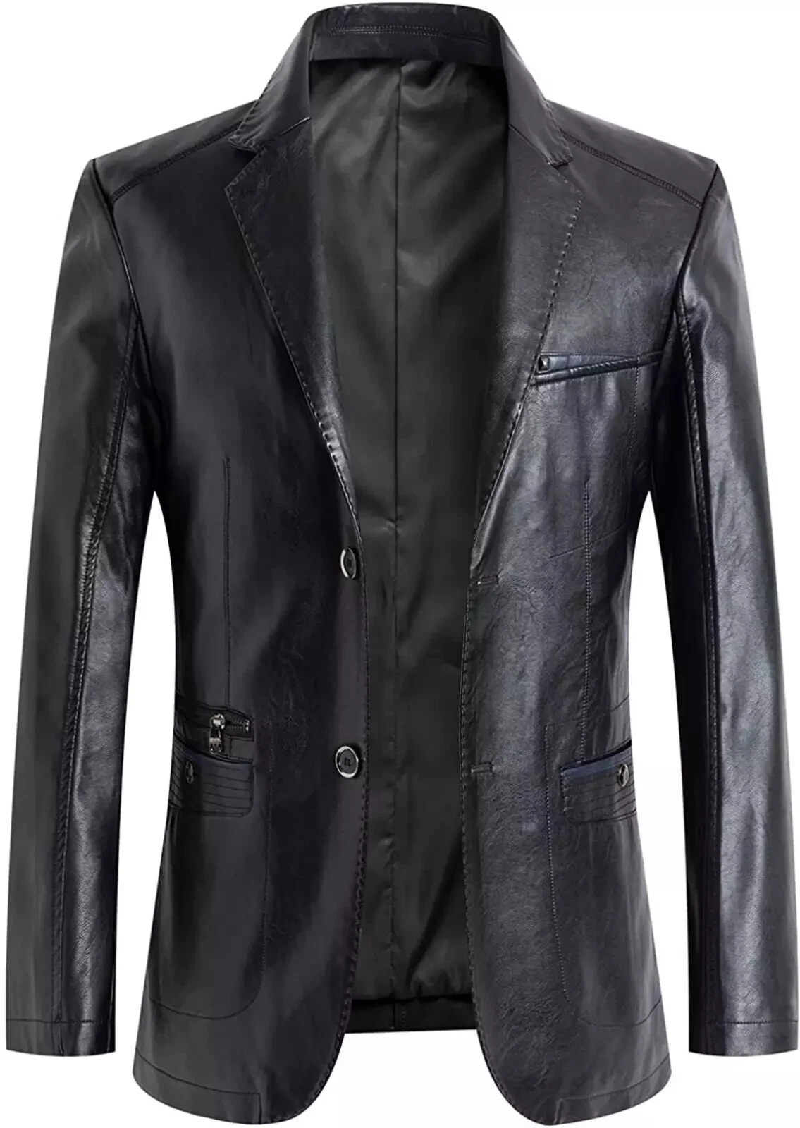 Classic Men's black Lambskin Leather High Quality Blazer TWO BUTTON Coat Jacket