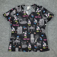 Disney Scrub Top Shirt Women Medium Black Minnie Mouse AOP Short Sleeve Uniform