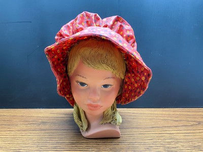 Vintage Head Bust of Young Blonde Hair Girl Red Bonnet Hat with