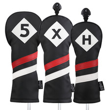 Majek Retro Golf 5 X H Woods Hybrid Headcover Black Red White Leather Style