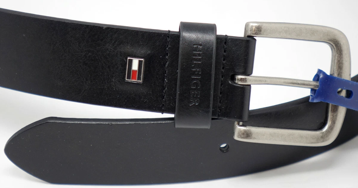 NEW Tommy Hilfiger Men s Genuine Bonded Leather Logo Flag Black Belt Size 32