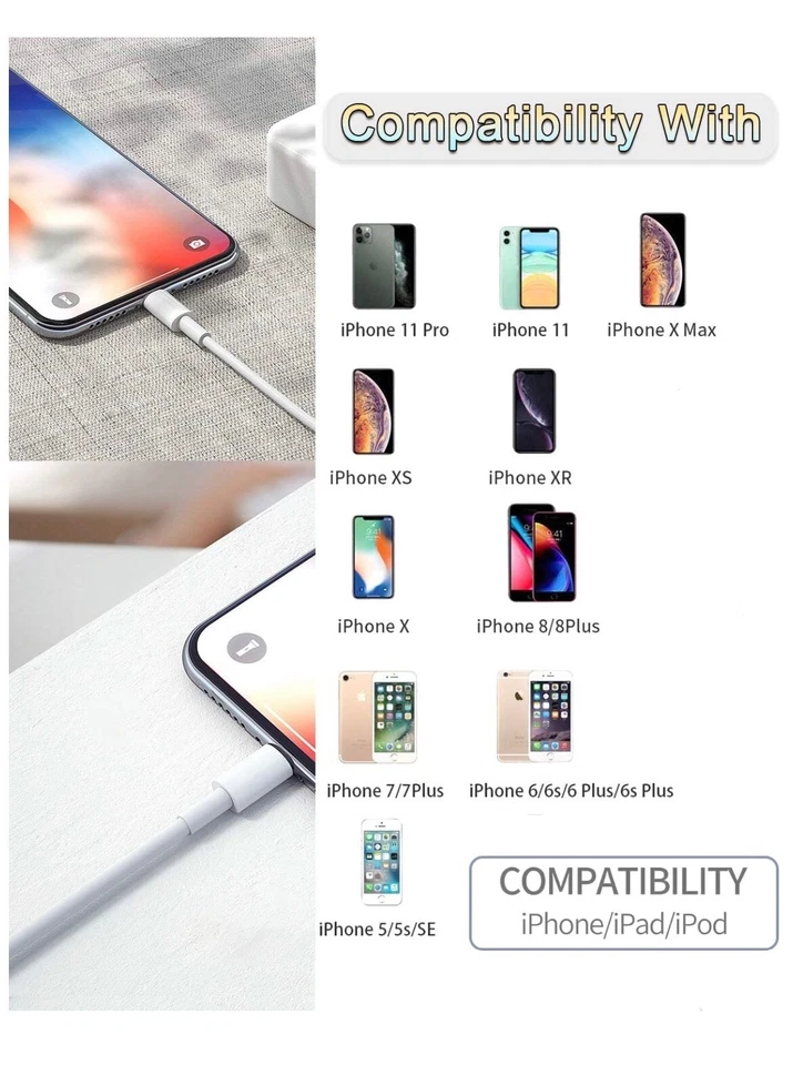 100-PACK 3ft Usb Charger Cord Cable For Iphone XR 6 6s 7 8Plus X MAX Wholesale - Image 2 of 2