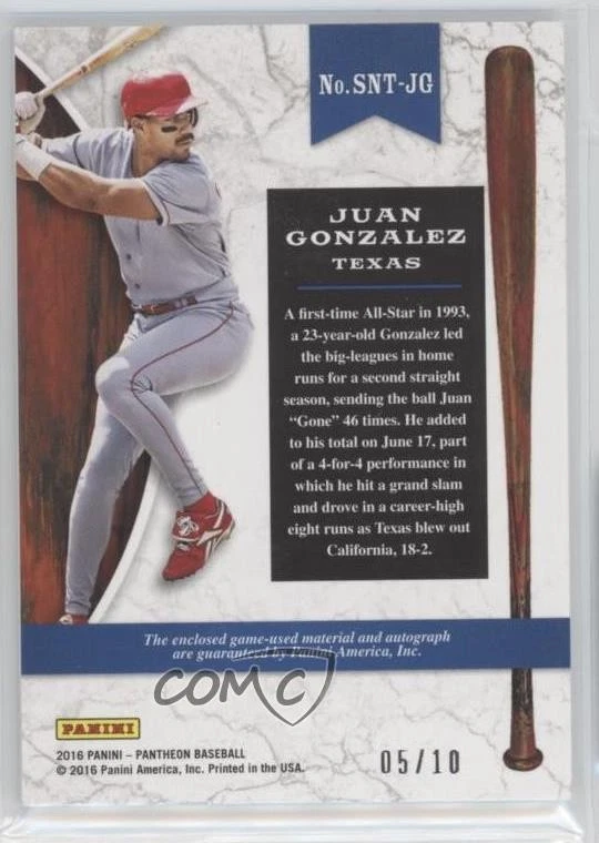 2016 Panini Pantheon Scripted Noble Timber Bronze /10 Juan Gonzalez #SNT-JG Auto - Image 2 of 2