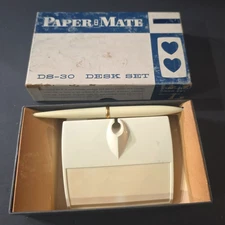 Vintage Paper Mate Beige Double Heart Plastic DS-30 Desk Set in Original Box