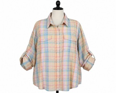 Lauren Ralph Lauren Shirt Womens 3X Pastel Plaid Linen Cotton Roll Tab