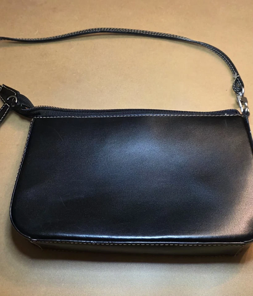 Bolso de hombro pequeño, Kenneth Cole, cuero genuino, negro con costuras blancas, Foto 4 de 4