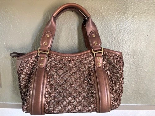 COLE HAAN "Sierra Open Weave" Metallic Bronze Leather Handbag Purse