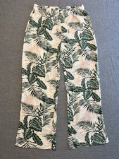 Boho Floral Beach White Leaf Print Pants Elastic Waist Wide Leg Medium