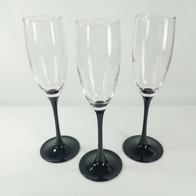 Set of 3 Luminarc France Black Stemmed Sparkling Wine Champagne Flute Glass