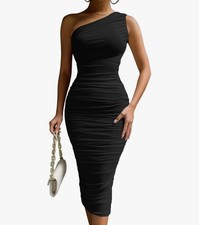 LAGSHIAN Sexy Bodycon One Shoulder Ruched Midi Club Party Dress Women's Size S