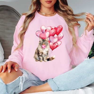 Flauschige Katze bläst Kaugummi Damen Sweatshirt Valentinstag Katzenliebhaber
