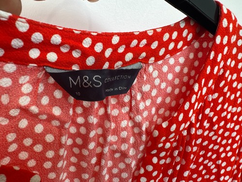 M&S Maxi Dress Size 10 Red Polka Dot V-Neck Puff Sleeve Midi Tea Summer Dress - Picture 7 of 7