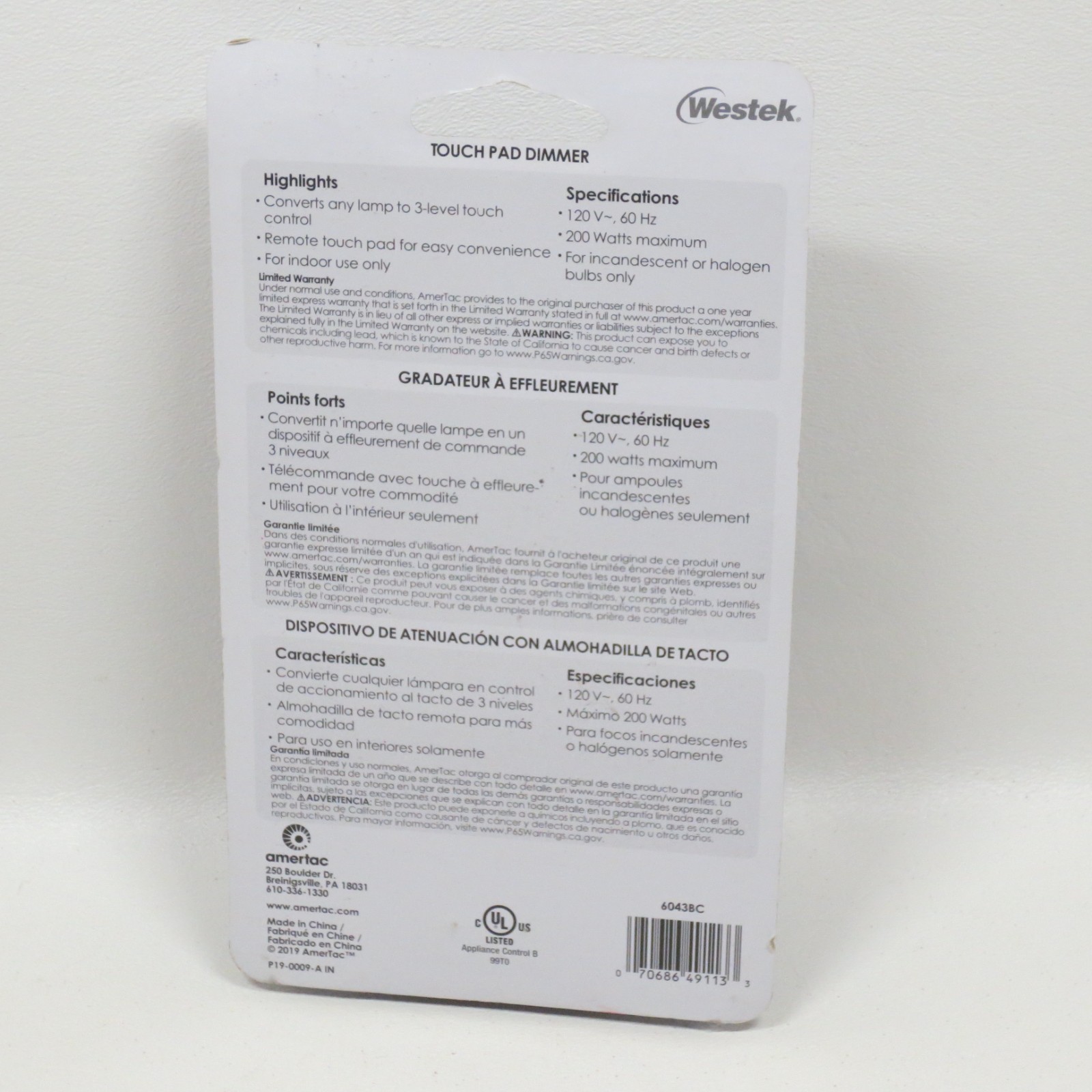 Westek Touch Pad Dimmer 6043BC Black