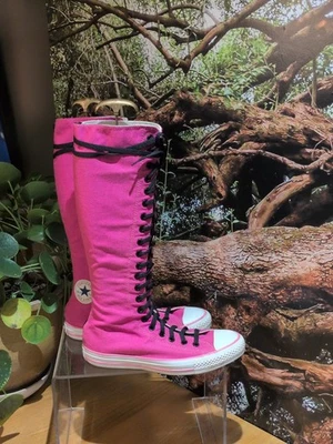 Bottes Converse All Star XX Hi Knee High rose toile UK 8 EU 42 fermeture éclair à lacets - Photo 1/4