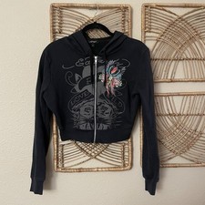 Vintage Y2K Ed Hardy Women s Cropped Zip Up Hoodie Phoenix Tattoo Sz L B26