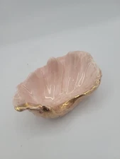 Vintage MCM Deco Regency Ceramic Oyster Shell Clamshell Bowl Ashtray Pink Gold 