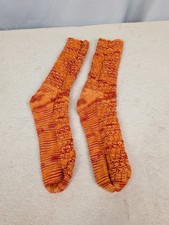 Handmade Knit Socks Orange Red Variegated Textured Wool Blend Warm Winter 7.5"