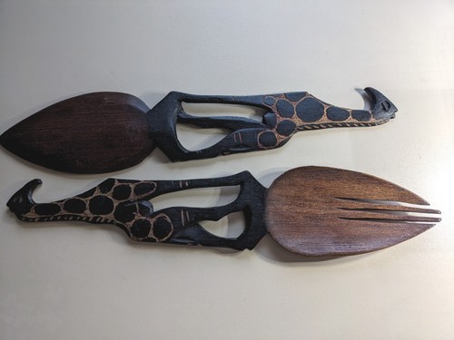 Hand Carved Wooden Salad Servers African Giraffe Boho Large 29cm serving Spoons - Picture 2 of 5