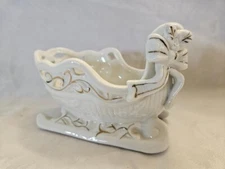 Vintage K's Collection White and Gold Christmas Sleigh with Bow Holiday Decor