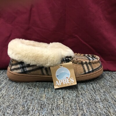 New Women s Apres AW2168 Farah Chestnut Plaid, Cream Lined Moccasins Size 6