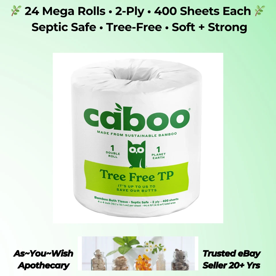 Caboo Bamboo Toilet Paper 24 Mega Rolls 2-Ply Septic Safe Tree Free 400 Sheets - Image 2 of 3