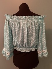 Womens Cropped Blouse S NEW Green Off The Shoulder 3/4 Sleeve Short Lace Short