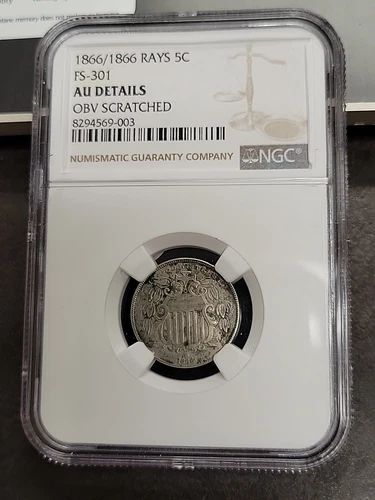 1866/1866 FS-301 Shield Nickel Rays AU DETAILS SCRATCHED NGC