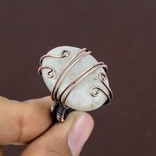 Rainbow Moonstone Gemstone Copper Wire Wrap Jewelry Ring Size 5.5 U828