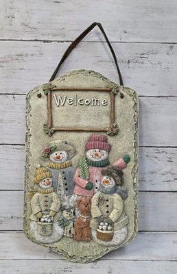 Hanging Slate Snowman Family with Cat/Dog Welcome Sign Winter Decor