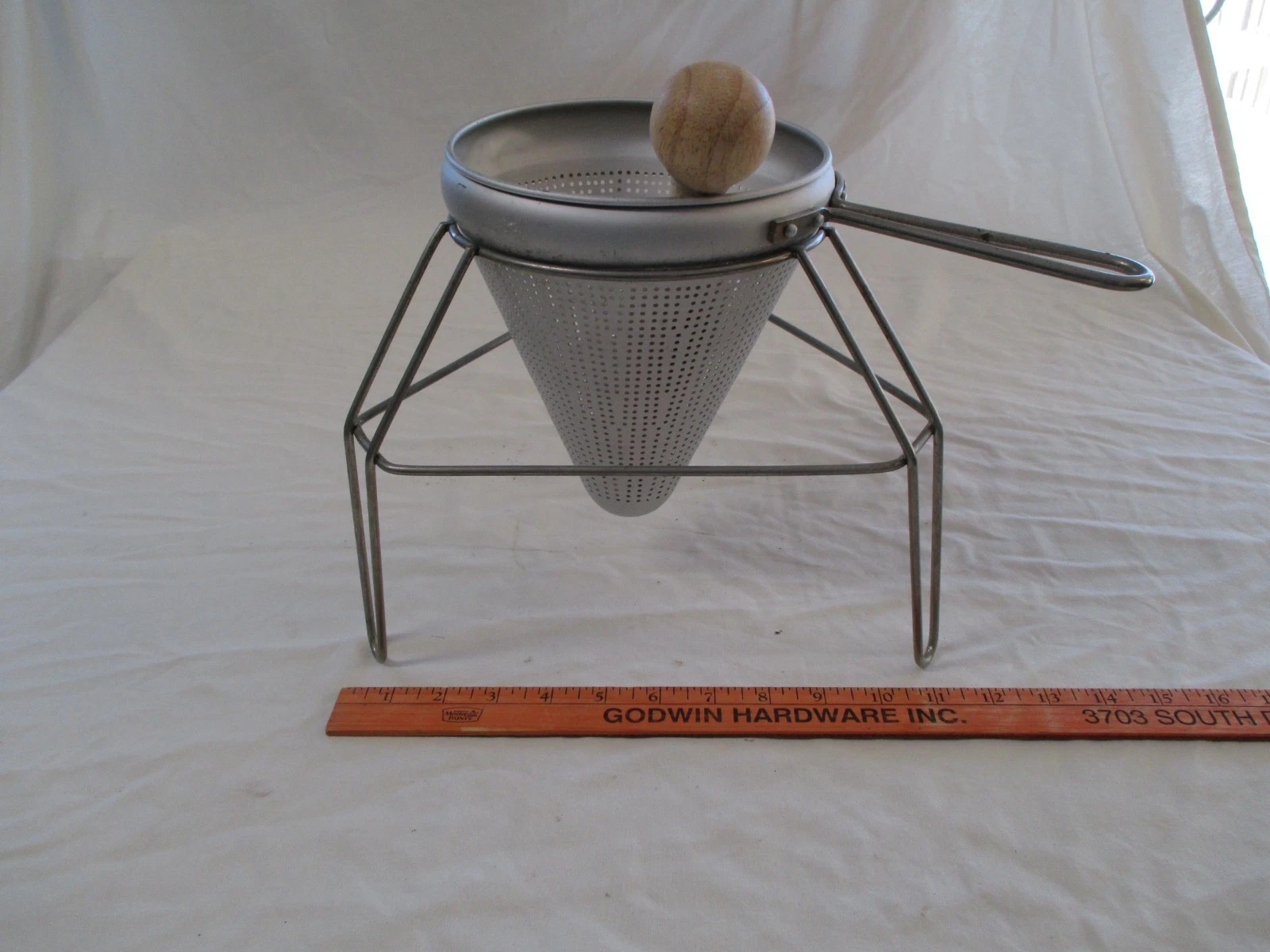 Vintage Aluminum Cone Food Canning Sieve Strainer Colander w/Wood Pestle & Stand