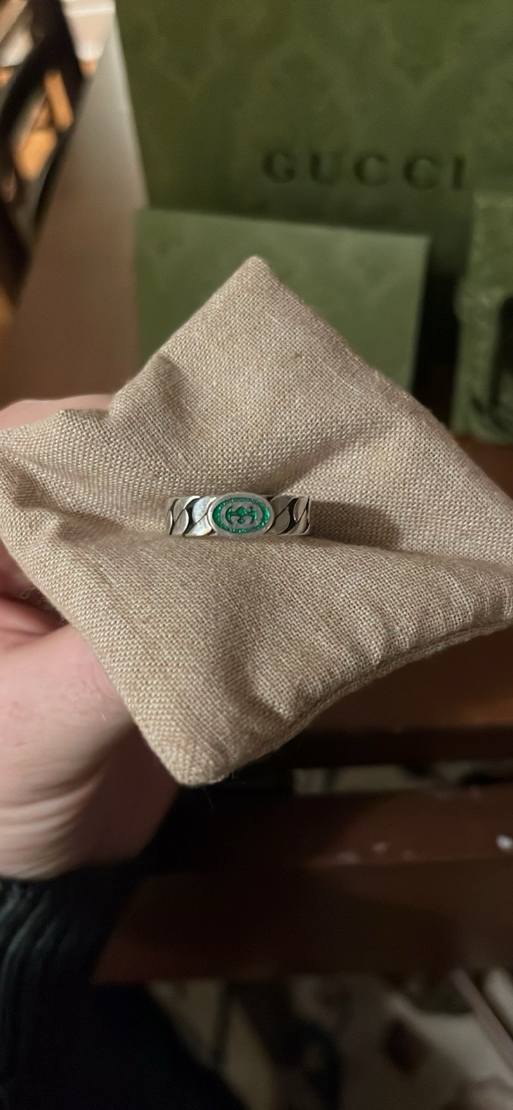 Gucci Interlocking G Green Silver Ring - image 1