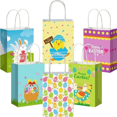 12 Pcs Easter Gift Paper Bags Easter Party Favor Bags W/ Handles Goodies Treats