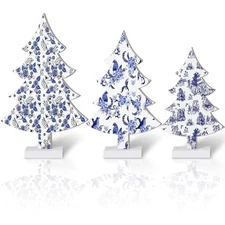  3 Pcs Chinoiserie Christmas Trees Decor Blue and White Christmas Tabletop 