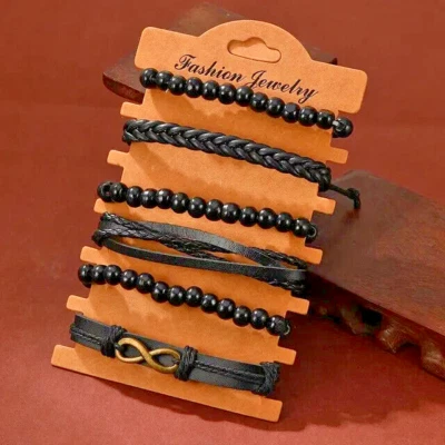 6pcs Ensemble Bracelets Homme En Cuir Multicouches Vintage Tendance - Photo 1/3
