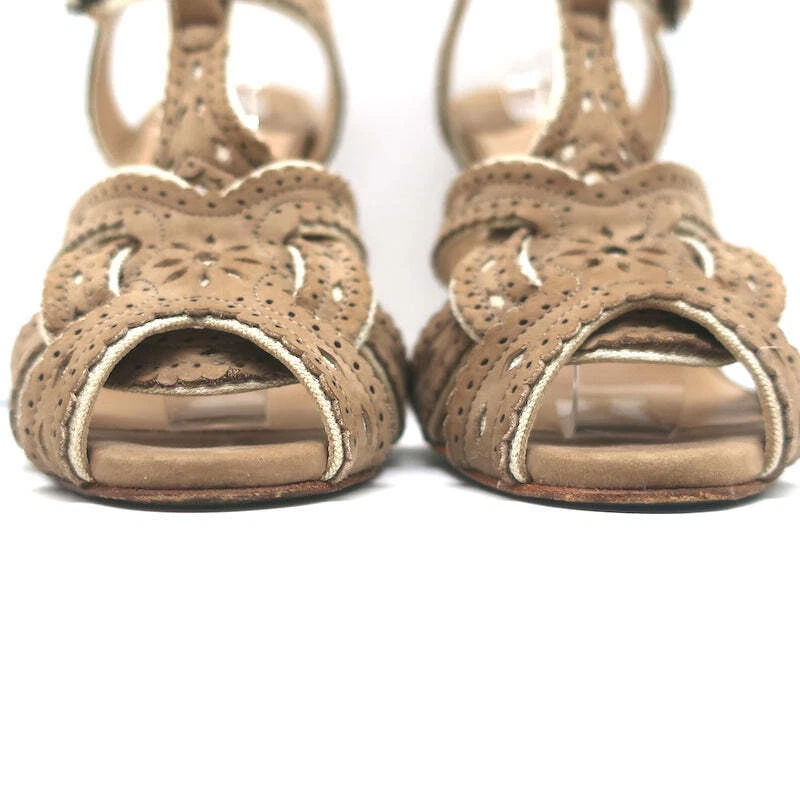 Manolo Blahnik Laser-Cut T-Strap Sandals Tan Nubuck Size 36 Open Toe Heels - Image 4 of 4
