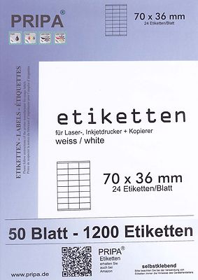 1200 Etiketten 70x36 mm auf DIN A4 formatgleich zu vielen Herstellern z.B. 3490