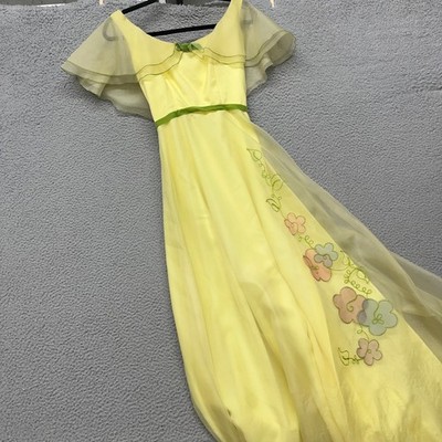 True Vtg Dress Womens 3 Yellow Floral Embroidered Flutter Sleeve Flower Child