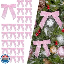 LaRibbons 24 Pcs Pink Crinkled Velvet Bows for Christmas Tree, Door, Garland,
