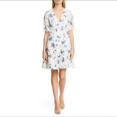 NEW,  Lela Rose Lace Flutter Sleeve Dress in White/Blue SZ 12 #DD64