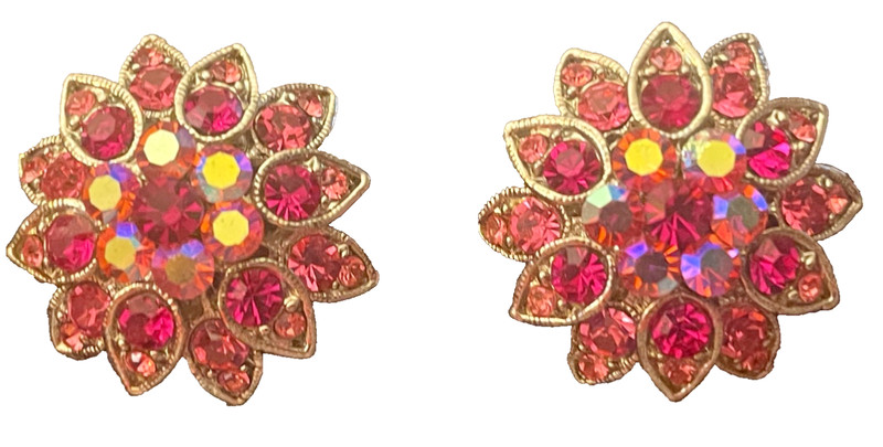 Vintage Clear pink AB crystals Silver Tone Clip On Earrings 1” flower statement