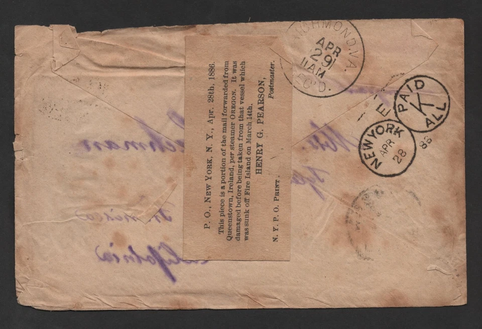 GERMANY 1886 RETRIEVED FROM SUNKEN SHIP OFF FIRE ISLAND POSTMASTER NOTE ON BACK - Image 2 of 3