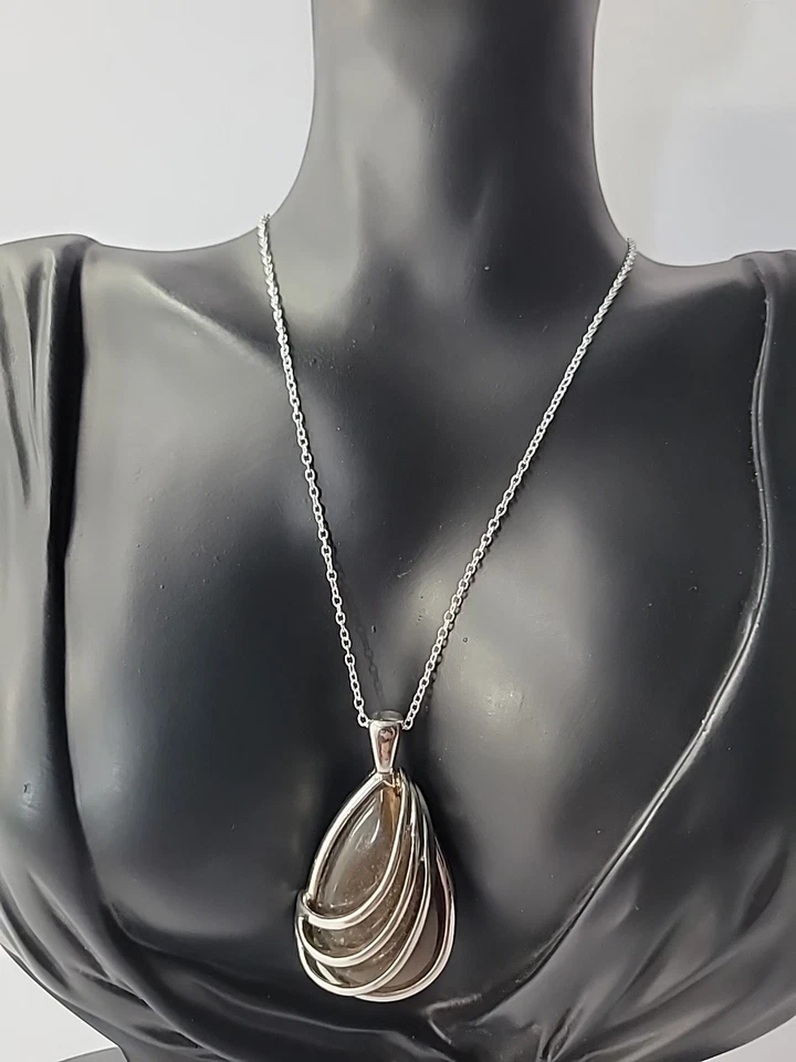 Vintage Lia Sophia Pendant Silver Tone Brown Stone Chain Jewelry Costume - Image 2 of 4