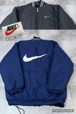 Vintage 1996 Nike Puffer Winter Jacket Parka Swoosh Reversible Black Navy Mens L