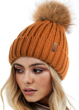 Womens Winter Knitted Beanie Hat with Faux Fur Pom Warm Knit Skull Cap Beanie fo