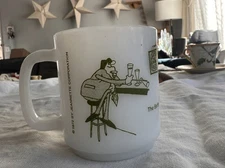 Vintage 70s The Barfly Milk Glass Mug Coffee Cup White Green Stackable Bar Fly
